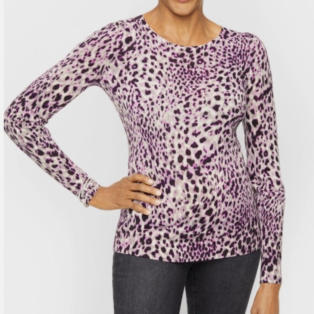 Talbots 100% Merino Wool Puff-Sleeve Sweater - Purple Animal Print - Size M